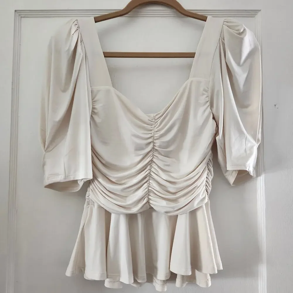 Express Ivory Ruched Puff-Sleeve Top with Peplum Size Small - Picture 2 of 10